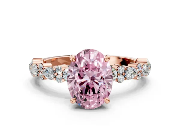 Fancy Pink Oval Cut Diamond Side Stone Solitaire Ring with Round and Four-Prong Setting Rose gold