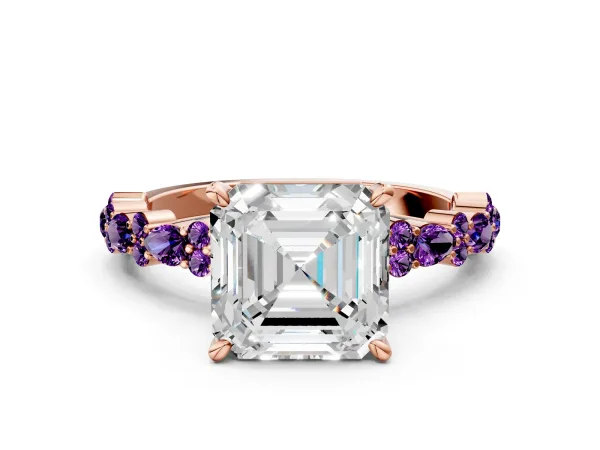 Asscher Cut Diamond Side Stone Solitaire Ring with Round Amethyst and Four-Prong Setting Rose gold