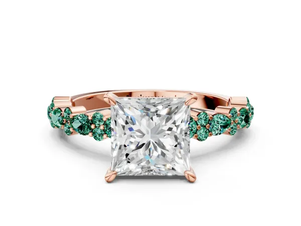 Princess Cut Diamond Side Stone Solitaire Ring with Round Green Sapphire and Four-Prong Setting Rose gold