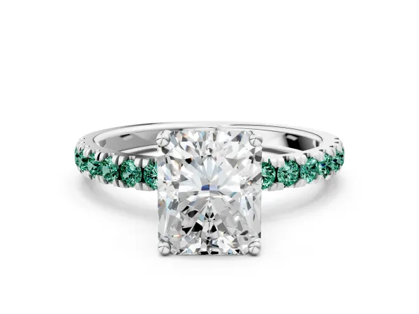 Radiant Cut Diamond Pave Band Solitaire Ring with Round Green Sapphire and Prong Setting Platinum