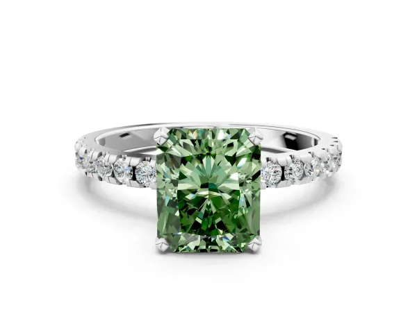 Fancy Green Radiant Cut Diamond Solitaire Ring with Round Pavé Band and Four-Prong Setting White gold
