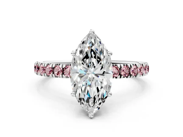 Marquise Cut Diamond Pave Band Solitaire Ring with Round Morganite and Prong Setting Platinum