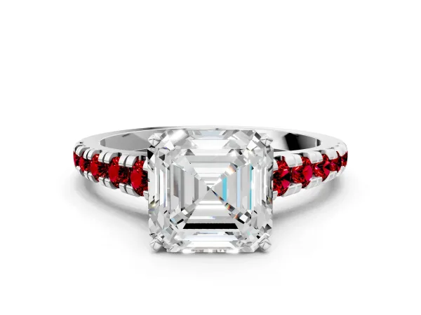 Asscher Cut Diamond Cathedral Solitaire Ring with Round Ruby Pavé Band Platinum