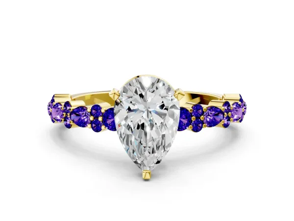 Pear Cut Diamond Side Stone Solitaire Ring with Round Tanzanite and Four-Prong Setting Yellow gold