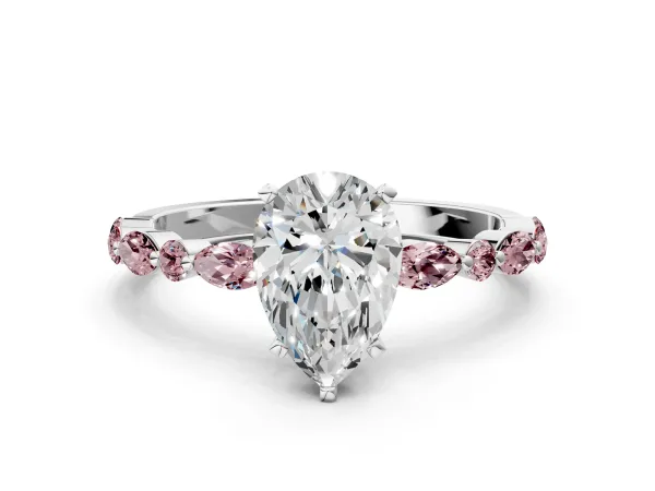 Pear Cut Diamond Ring with Marquise and Round Morganite Side Stones and Four-Prong Setting White gold
