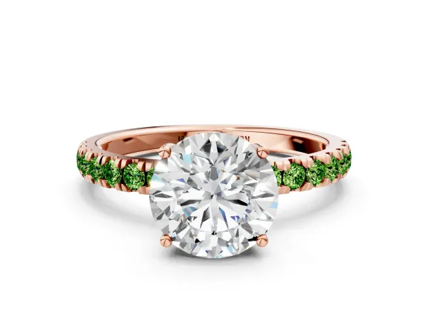 Round Cut Diamond Pave Band Solitaire Ring with Round Peridot and Prong Setting Rose gold