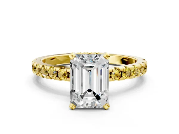 Emerald Cut Diamond Solitaire Ring with Round Yellow Sapphire Pavé Band and Four-Prong Setting Yellow gold