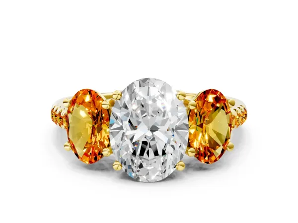 Three-Stone Oval Cut Diamond Ring with Round Citrine Pavé Band and Prong Setting Yellow gold