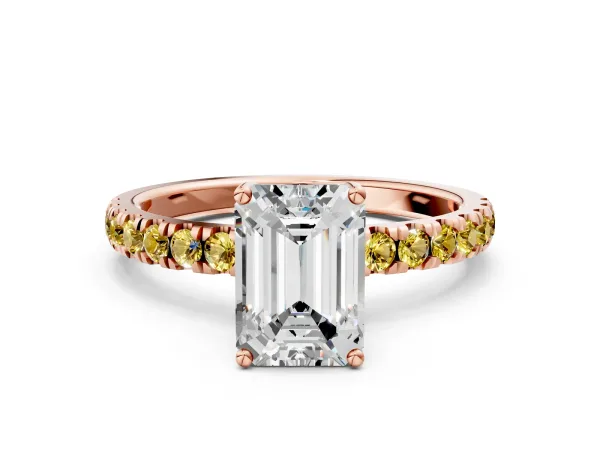 Emerald Cut Diamond Pave Band Solitaire Ring with Round Yellow Sapphire and Prong Setting Rose gold