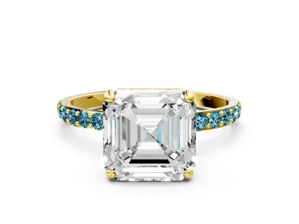 Asscher Cut Diamond Solitaire Ring with Round Blue Topaz Pavé Band and Prong Setting Yellow gold