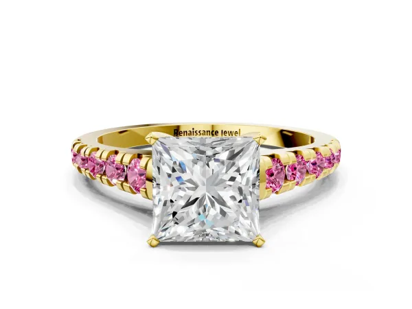 Princess Cut Diamond Cathedral Solitaire Ring with Round Pink Sapphire Pavé Band Yellow gold
