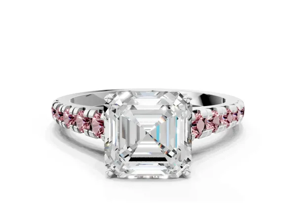 Asscher Cut Diamond Cathedral Solitaire Ring with Round Morganite Pavé Band Platinum