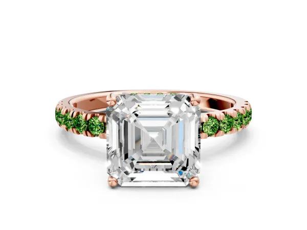 Asscher Cut Diamond Pave Band Solitaire Ring with Round Peridot and Prong Setting Rose gold