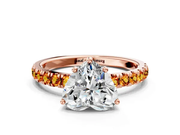 Heart Cut Diamond Pave Band Solitaire Ring with Round Citrine and Prong Setting Rose gold