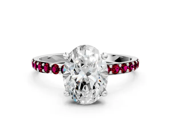 Oval Cut Diamond Solitaire Ring with Round Garnet Pavé Band and Prong Setting Platinum