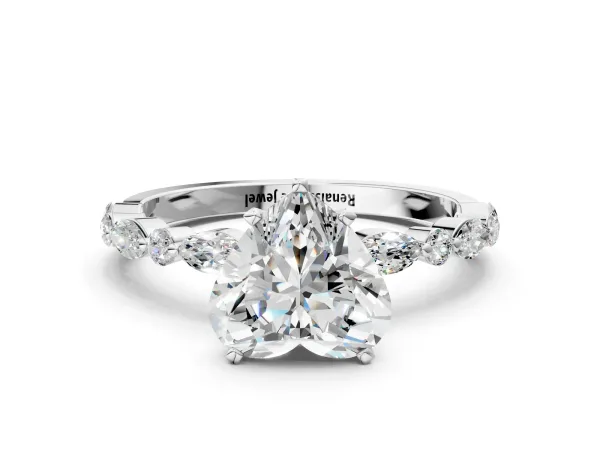 Heart Cut Diamond Ring with Marquise and Round Side Stones and Four-Prong Setting Platinum