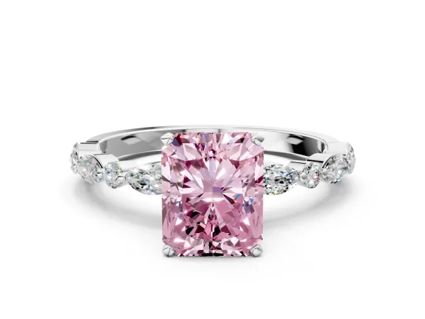 Fancy Pink Radiant Cut Diamond Ring with Marquise and Round Side Stones and Four-Prong Setting Platinum