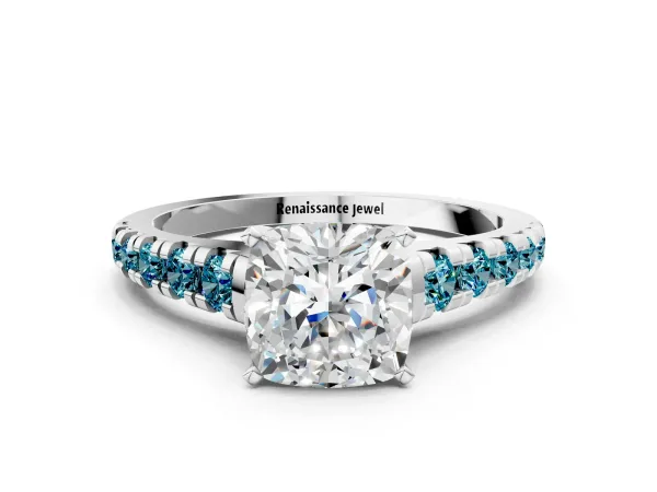 Cushion Cut Diamond Cathedral Solitaire Ring with Round Blue Topaz Pavé Band Platinum