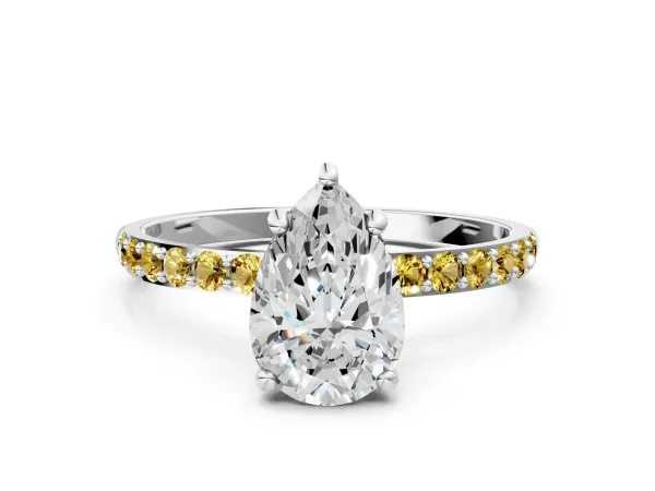 Pear Cut Diamond Solitaire Ring with Round Yellow Sapphire Pavé Band and Prong Setting Platinum