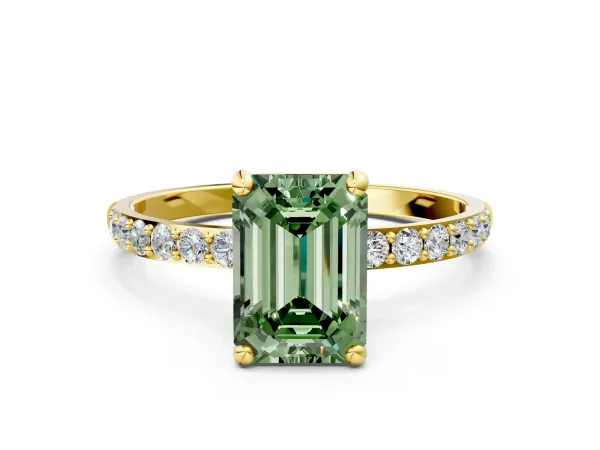 Fancy Green Emerald Cut Diamond Solitaire Ring with Round Pavé Band and Prong Setting Yellow gold