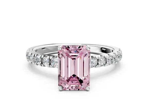 Fancy Pink Emerald Cut Diamond Pave Band Solitaire Ring with Round and Prong Setting Platinum