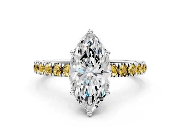 Marquise Cut Diamond Pave Band Solitaire Ring with Round Yellow Sapphire and Prong Setting Platinum
