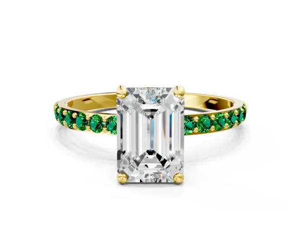 Emerald Cut Diamond Solitaire Ring with Round Emerald Pavé Band and Prong Setting Yellow gold