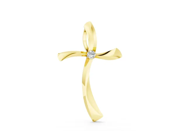 Curved Cross Pendant with Round Diamond in Bezel Setting Yellow gold