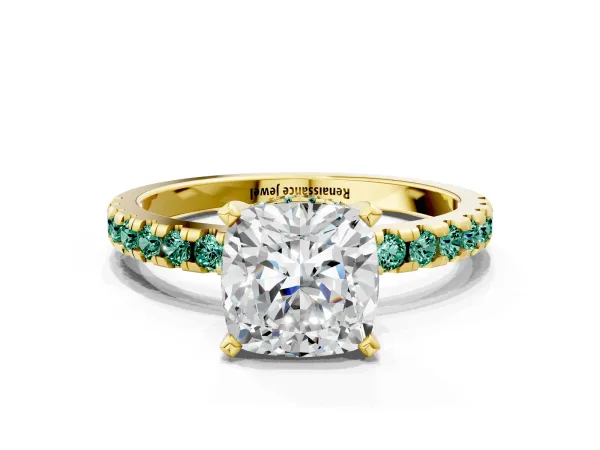 Cushion Cut Diamond Solitaire Ring with Round Green Sapphire Pavé Band and Four-Prong Setting Yellow gold