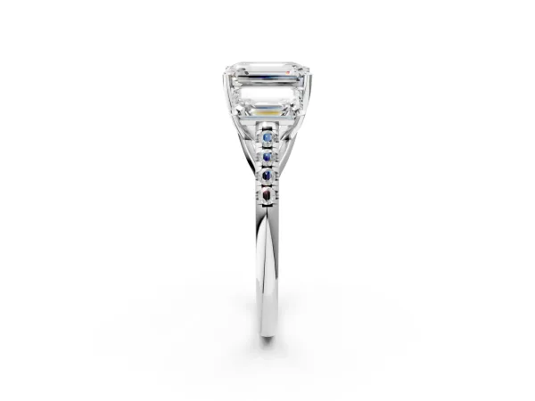 Three-Stone Emerald Cut Diamond Ring with Round Moissanite Pavé Band and Prong Setting Silver