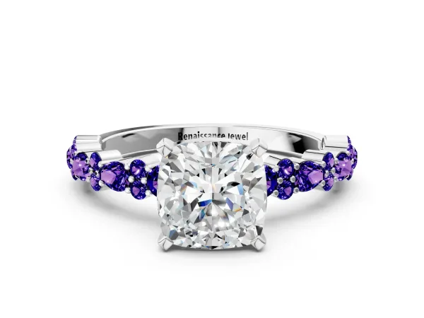 Cushion Cut Diamond Side Stone Solitaire Ring with Round Tanzanite and Four-Prong Setting White gold