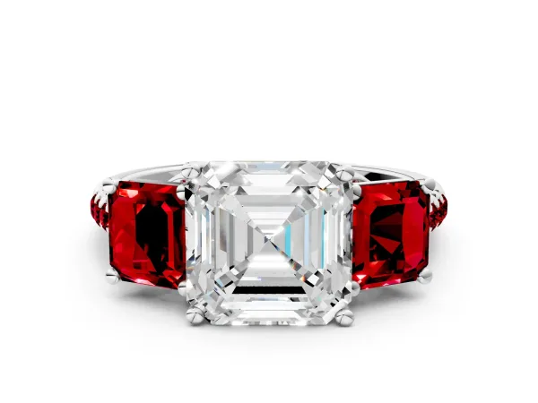 Three-Stone Asscher Cut Diamond Ring with Round Ruby Pavé Band and Prong Setting White gold