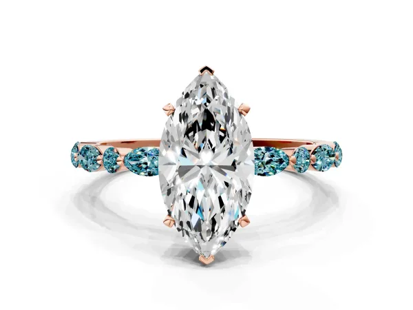 Marquise Cut Diamond Ring with Marquise and Round Blue Topaz Side Stones and Four-Prong Setting Rose gold