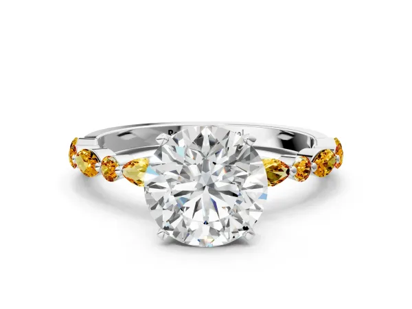 Round Cut Diamond Ring with Marquise and Round Citrine Side Stones and Four-Prong Setting White gold