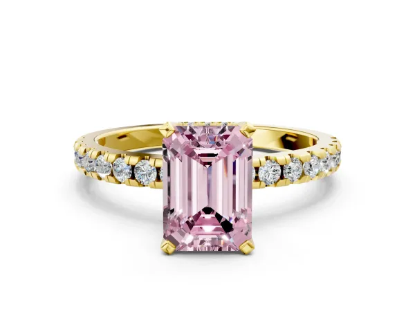 Fancy Pink Emerald Cut Diamond Solitaire Ring with Round Pavé Band and Four-Prong Setting Yellow gold