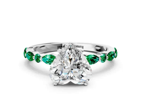 Heart Cut Diamond Ring with Marquise and Round Emerald Side Stones and Four-Prong Setting Platinum