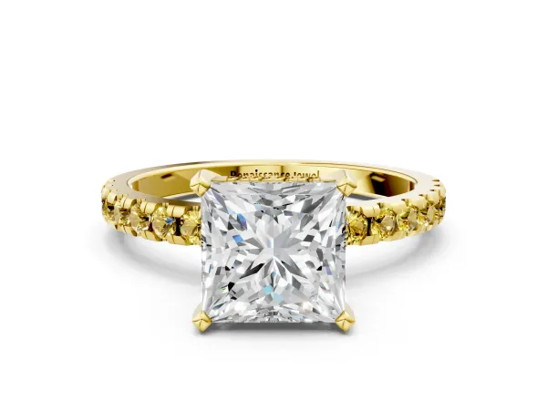 Princess Cut Diamond Solitaire Ring with Round Yellow Sapphire Pavé Band and Four-Prong Setting Yellow gold